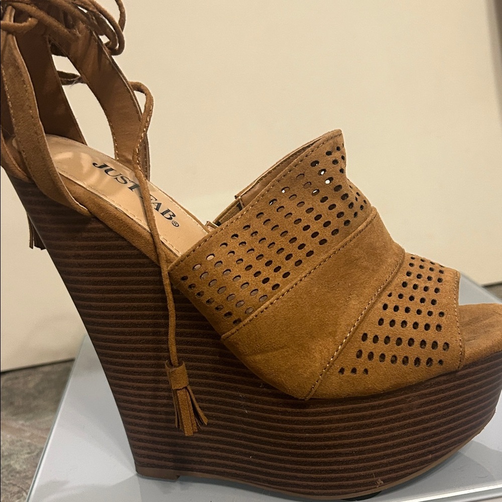 JustFab Brown Perforated Lace-Up Wedges